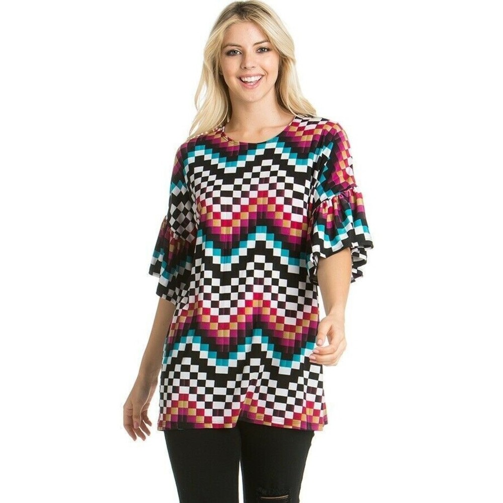 AZULES O'Neck Small Red Chevron Print Bell Sleave Popover Top - Picture 4 of 6